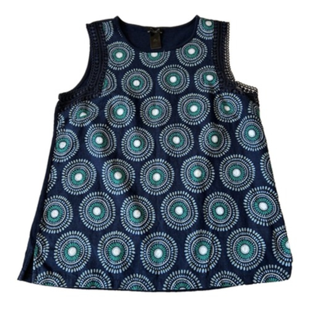 Ann Taylor Women's Short Sleeve Print Top Petite M Linen Blend Blue Embroidered